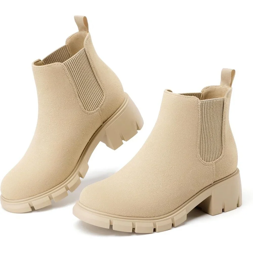 🆕Girls Apricot Polyurethane Cowgirl Ankle Comfortable Slip on Lug Sole Boot